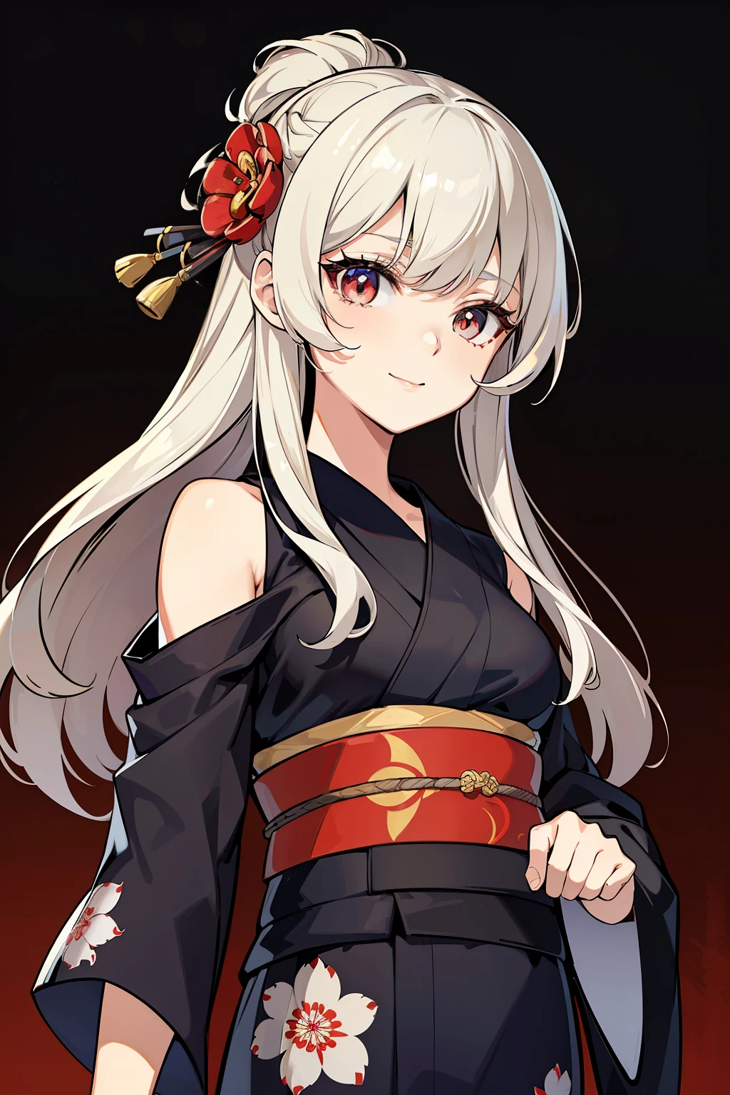 (high-quality, breathtaking),(expressive eyes, perfect face) ((yukata)), 1girl, female, solo, young child , white hair, black streaks, brown coloured eyes, gentle smile, medium length hair, loose hair, side bangs, curley hair, japanese clothing, elegant, soft make up, hair pin accessory in hair, oiran, demon slayer art style