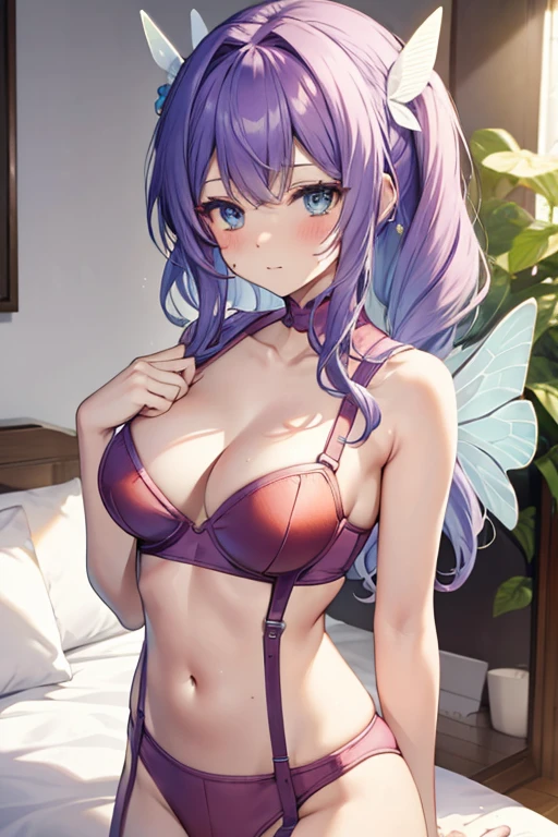 ((Best Quality)), ((Masterpiece)), (detailed), purple hair, blue eyes,(((red color bra))), (((red color underwear))), (((red color lingerie))) hair ornament, butterfly wings,sexy, large breast, bed, cum in pussy, breast milk