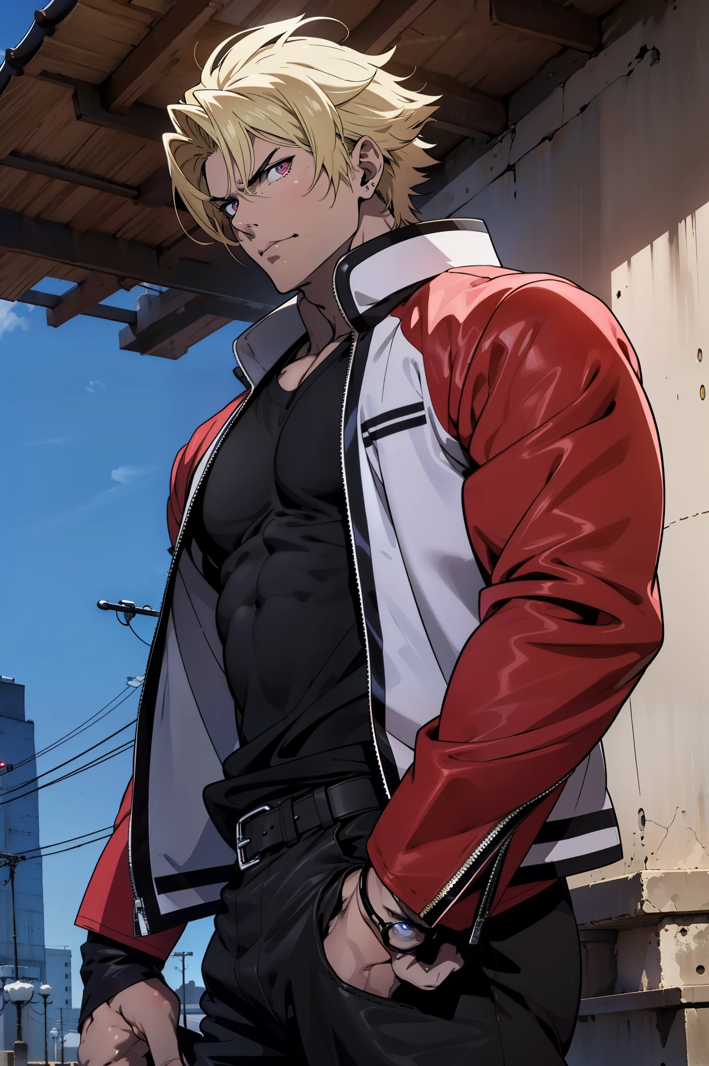 cara anime com bom corpo, homem bonito anime, Nice anime pose, Standing, na academia, visible shoulders, strong arms, cara de anime alto com olhos rosa .