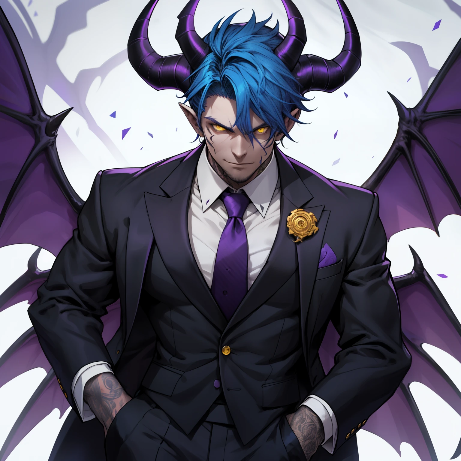 male demon with ram horns, wearing a business suit, has a smoldering aura, yellow eyes, large demon wings, showing his chest, has demonic tattoos, alone, solo, (ALONE)(SOLO), has blue hair, imposing, large horns, purple wings, purple lapel on suit