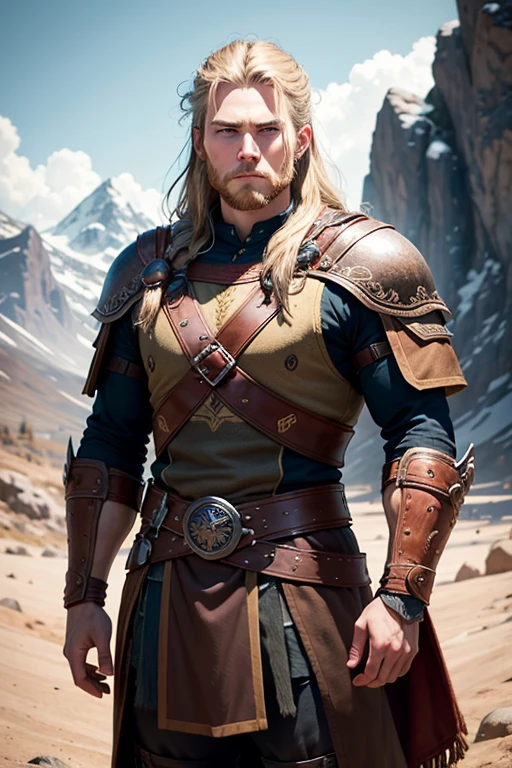 [Retrato de cuerpo entero] [young norse viking man 18-23 years old] [color de cabello negro] [vestimenta estilo vikingo con armadura de guerrero vikingo] [Bored expression on face] [Photo taken in a mountainous and spring landscape] [type of illumination: natural  lighting], extremadamente realista, 8k, detalles locos, detalles intrincados, bellamente graduado de color, Color Grading, Cinematographer editorial, Cinematographer, bokeh, tomada con una lente de 60 mm, ISO 300, f / 4, 1/200th