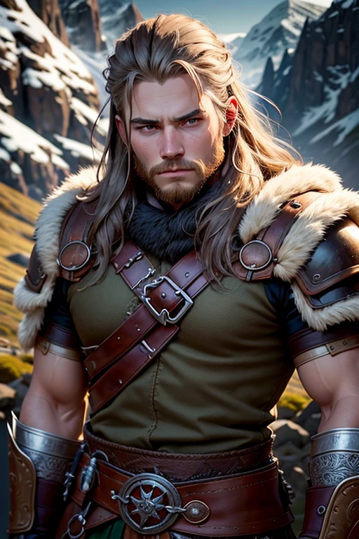 [Retrato de cuerpo entero] [young norse viking man 18-23 years old] [color de cabello negro] [vestimenta estilo vikingo con armadura de guerrero vikingo] [Bored expression on face] [Photo taken in a mountainous and spring landscape] [type of illumination: natural  lighting], extremadamente realista, 8k, detalles locos, detalles intrincados, bellamente graduado de color, Color Grading, Cinematographer editorial, Cinematographer, bokeh, tomada con una lente de 60 mm, ISO 300, f / 4, 1/200th