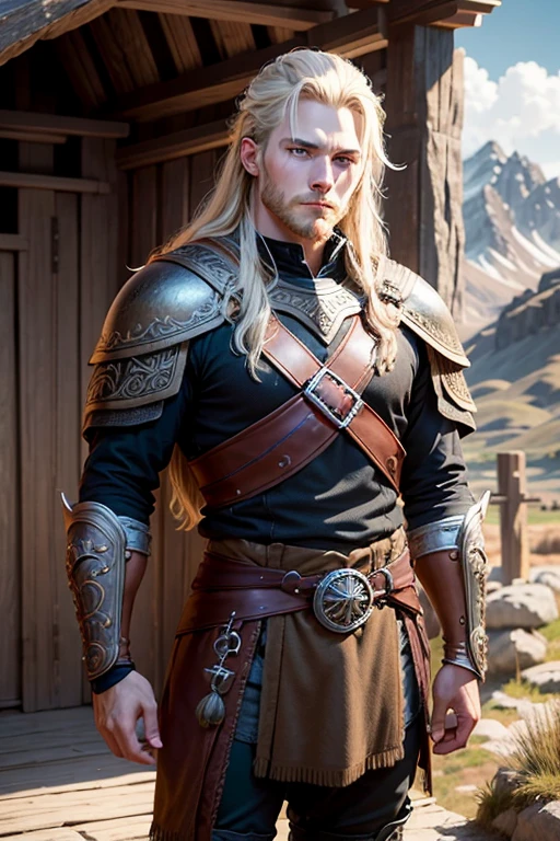 [Retrato de cuerpo entero] [young norse viking man 18-23 years old] [color de cabello negro] [vestimenta estilo vikingo con armadura de guerrero vikingo] [Bored expression on face] [Photo taken in a mountainous and spring landscape] [type of illumination: natural  lighting], extremadamente realista, 8k, detalles locos, detalles intrincados, bellamente graduado de color, Color Grading, Cinematographer editorial, Cinematographer, bokeh, tomada con una lente de 60 mm, ISO 300, f / 4, 1/200th