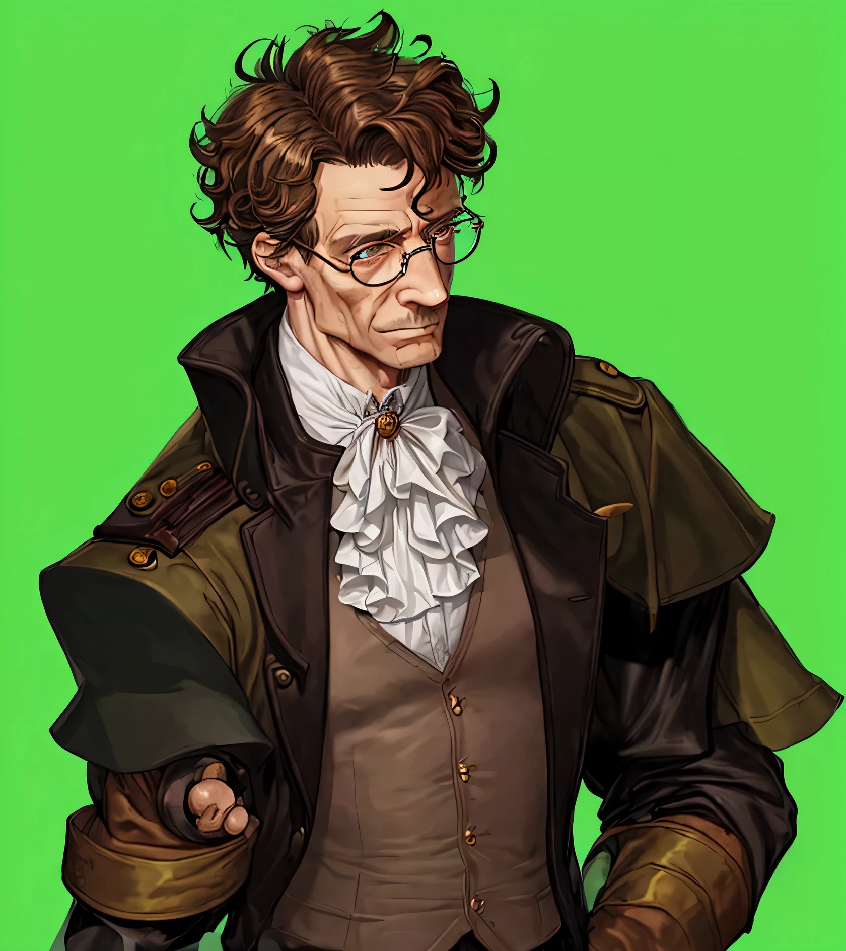 A middle-aged german man with a strong jawline, short brown curly hair, wearing small round glasses with hold frames, wearing a military jacket with a vest and jabot underneath, he is missing an arm and instead a translucent gold arm is in it's place, in the style of fantasy portrait