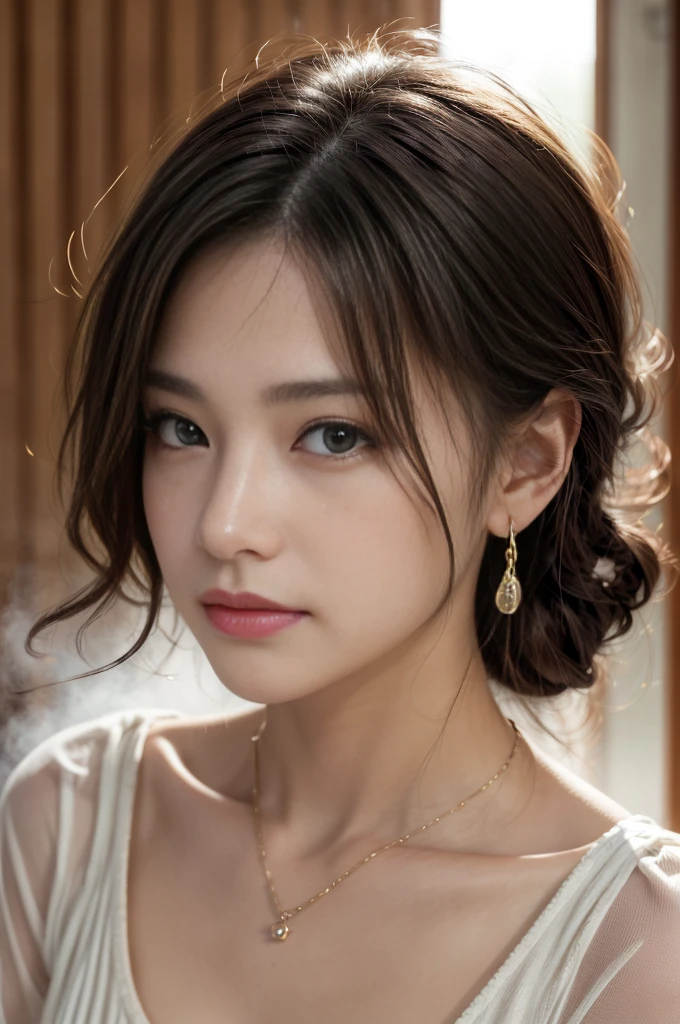 (Photoreal Stick:1.5, masutepiece:1.5, 8K), (top-quality, masterpiece, 超A high resolution), ((fog the lens:1.5)), ((reflect light onto the lens:1.5)), ((Shoot with blur:1.5)), (The woman looks hazy because of the bright light.:1.5, The whole thing looks white and hazy:1.5), (sunrises, Sunlight coming in from behind:1.5, The sunlight of the morning sun spreads across the screen:1.5), Face Sharp Focus:1.3, Professional camera work:1.3, Highly detailed skin and facial texture:1.3, Grow Light Effect, The ultra-detailliert:1.3, 1girl in, Fair skin, (Sense of clarity:1.4, a small face), Extremely beautiful face:1.5, (Sense of clarityを感じる目:0.9, looking distantly), Enraptured look:1.0, i love you completely:0.8, (Slightly open mouth:0.4, Sense of clarityを感じる口当たり:0.7), 二重まぶた, Dark brown medium hair, necklace and earrings, looking at viewert