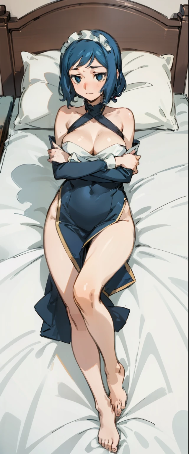 (Masterpiece), Best Quality, ultra-detailed, perfect hands, Delicate eye expression, 1girl (rinko_iori, Sexy, Slender and sexy body, huge breasts, naked body, Gray-haired hair, long hair, blue eyes (empty eye)),solo,closed mouth, nude, torn maid , maid headdress, torn clothes,On the bed, lying, Full-body, Rinko is covering her chest with her arms crossed., provocative pose, Sexy waist teasing