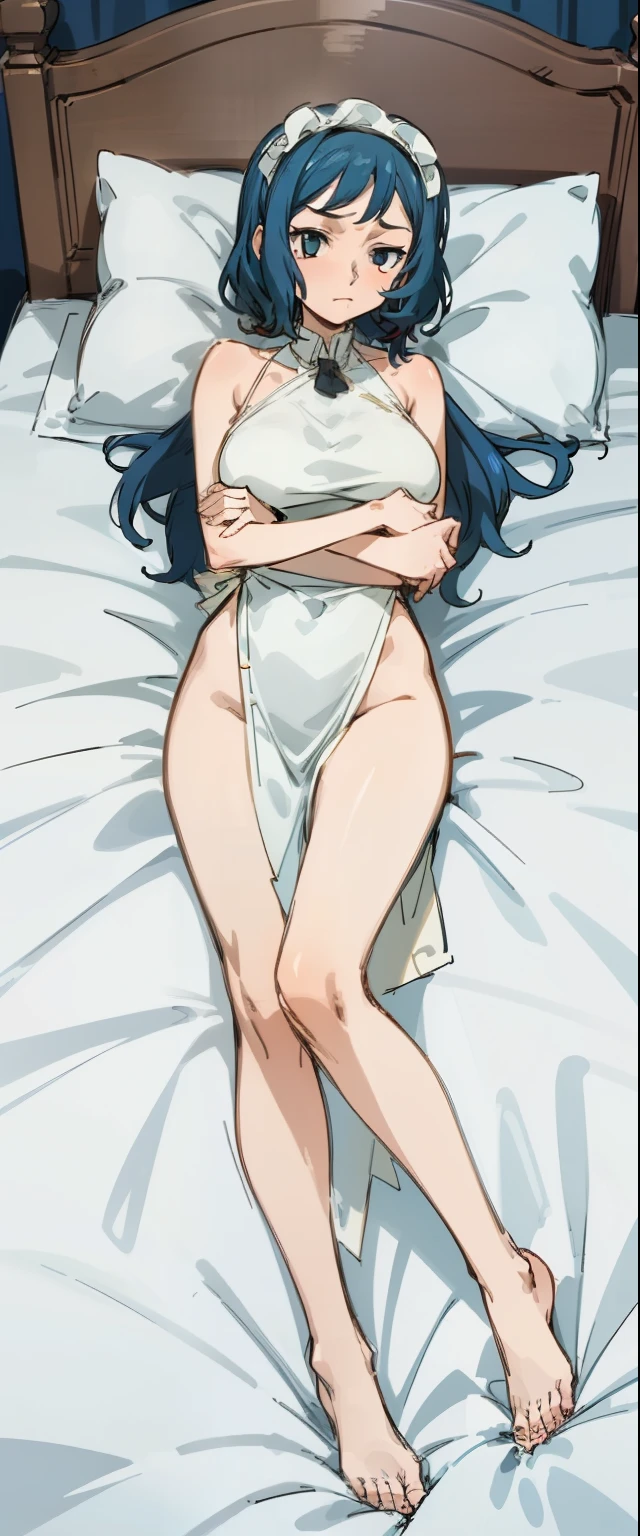 (Masterpiece), Best Quality, ultra-detailed, perfect hands, Delicate eye expression, 1girl (rinko_iori, Sexy, Slender and sexy body, huge breasts, naked body, Gray-haired hair, long hair, blue eyes (empty eye)),solo,closed mouth, nude, torn maid , maid headdress, torn clothes,On the bed, lying, Full-body, Rinko is covering her chest with her arms crossed., provocative pose, Sexy waist teasing