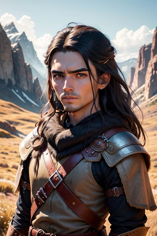 [retrato de cuerpo entero] [young 18 year old norse viking] [Color de cabello negro sin barba] [vestimenta estilo vikingo con armadura de guerrero vikingo] [Bored expression on face] [Photo taken in a mountainous and spring landscape.] [type of illumination: natural  lighting], extremadamente realista, 8k, detalles locos, Detalles intrincados, bellamente graduado de color, Color Grading, Cinematographer editorial, Cinematographer, Bokeh, Tomada con una lente de 60 mm, ISO 300, f / 4, 1/200th