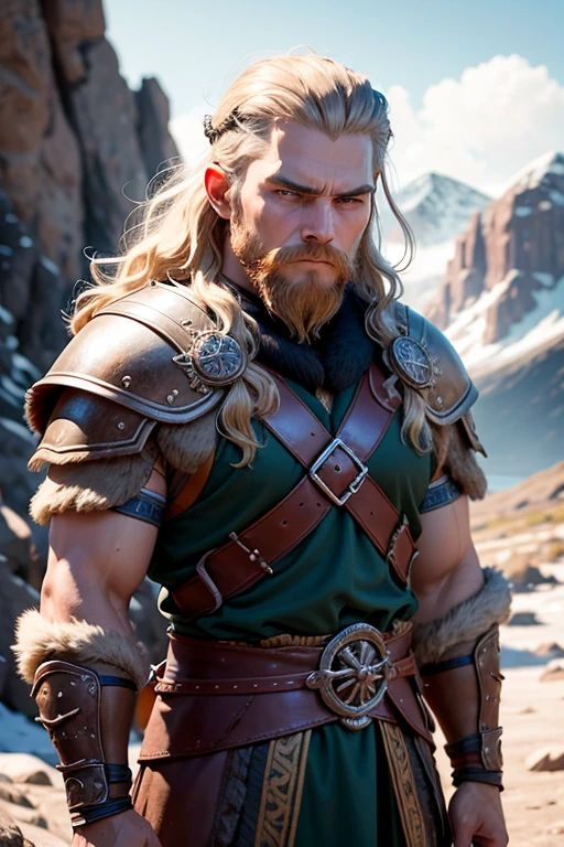 [retrato de cuerpo entero] [young 18 year old norse viking] [Color de cabello negro sin barba] [vestimenta estilo vikingo con armadura de guerrero vikingo] [Bored expression on face] [Photo taken in a mountainous and spring landscape.] [type of illumination: natural  lighting], extremadamente realista, 8k, detalles locos, Detalles intrincados, bellamente graduado de color, Color Grading, Cinematographer editorial, Cinematographer, Bokeh, Tomada con una lente de 60 mm, ISO 300, f / 4, 1/200th