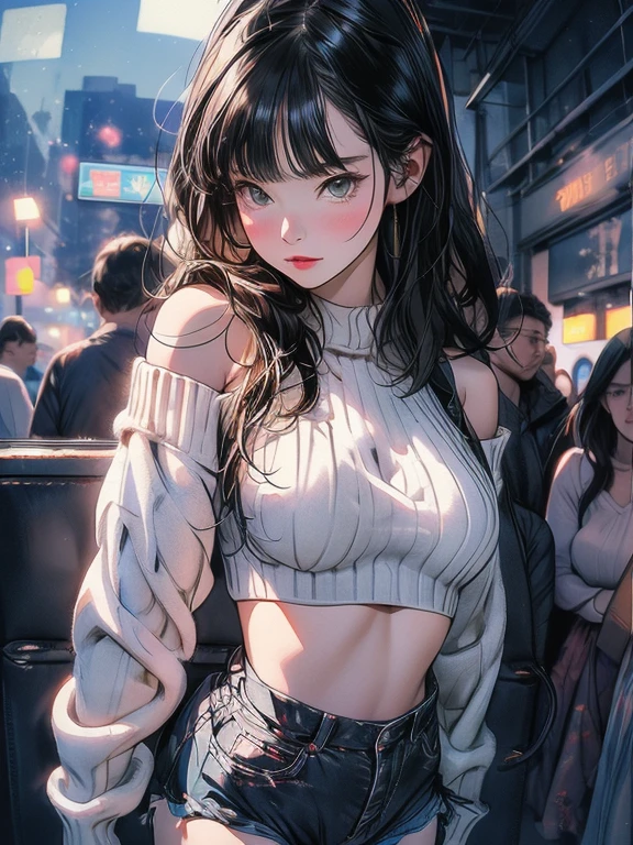 bottom boobs,(masterpiece), best quality, extremely detailed, (watercolor), bloom, delicate and beautiful, illustration, (from below),(1girl:1.4), (solo:1.2), large breasts, (ribbed sweater:1.3), off-shoulder sweater, (short shorts:1.2), bare shoulders, (underboob:1.2), ((dark skin:0.8)), beautiful eyes, (disheveled hair ), photography, over-the-shoulder shot, by Alex Maleev, professional, canon camera, nikon camera, sharp, bokeh, studio quality, fisheye lens, by Robert Capa ,