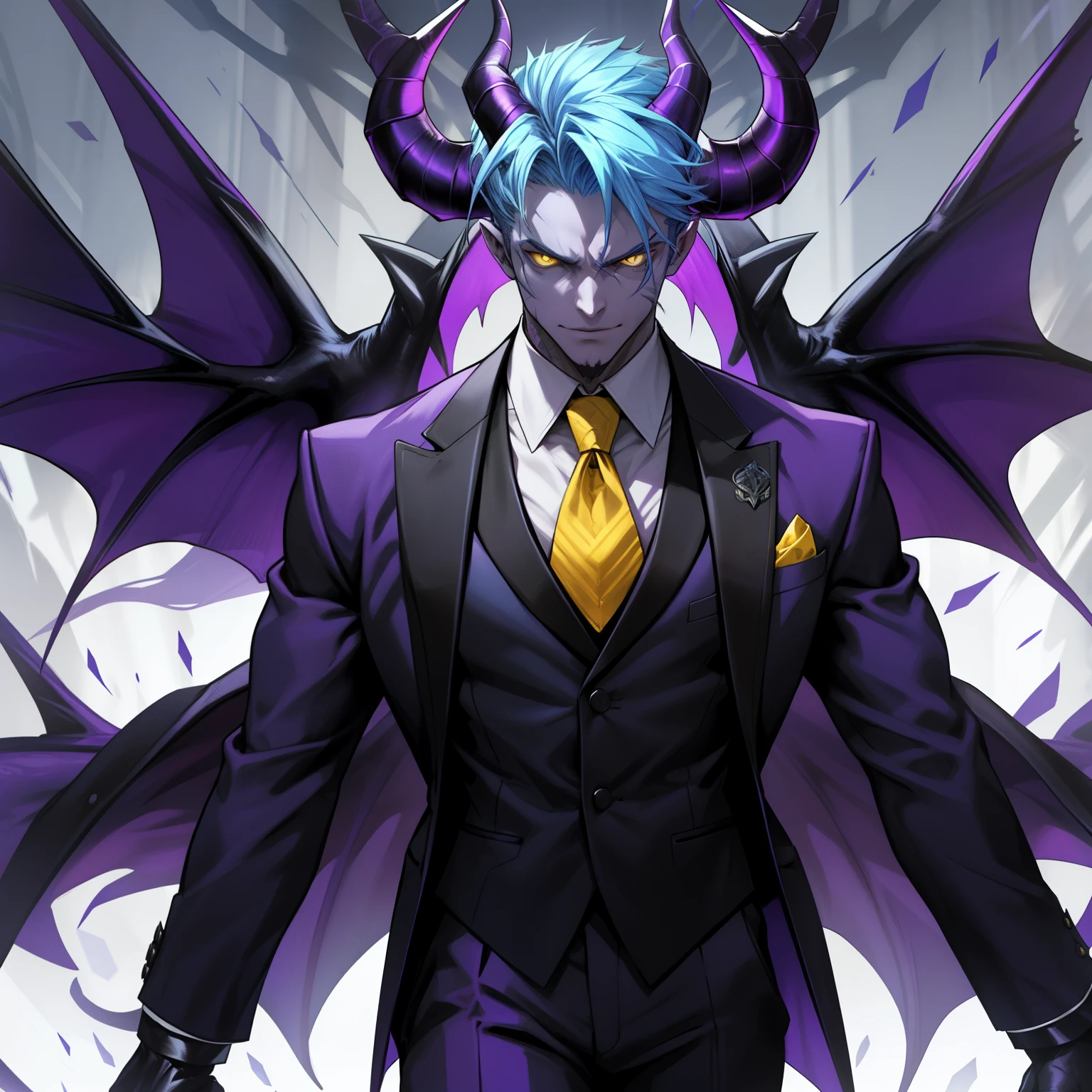 male demon with ram horns, wearing a business suit, has a smoldering aura, yellow eyes, large demon wings, showing his chest, has demonic tattoos, alone, solo, (ALONE)(SOLO), has blue hair, imposing, large horns, purple wings, purple lapel on suit