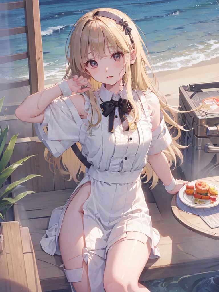 A 12-year-old girl with a cute Alice in Wonderland blonde wavy headband.、Sitting naked、She spreads her legs wide and shows her butt., anus,  and small nipples.。I do not wear underwear。Pose seen from below。are small。Pose that shows your anus。 and anus are spread。Spreading legs with both hands。take off the apron dress。。NFSW