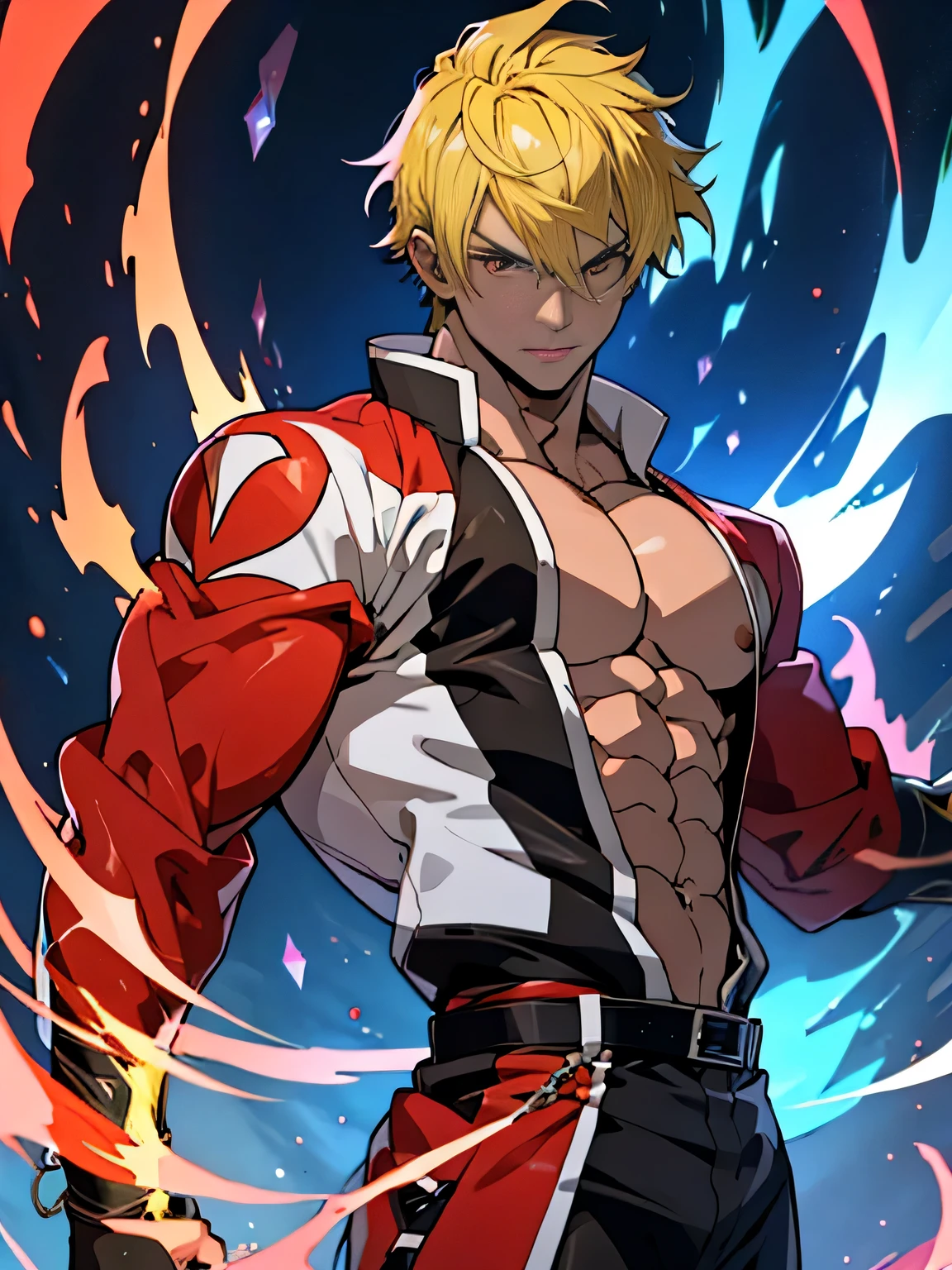 cara anime com bom corpo, homem bonito anime, Nice anime pose, Standing, na academia, visible shoulders, strong arms, cara de anime alto com olhos azuis .