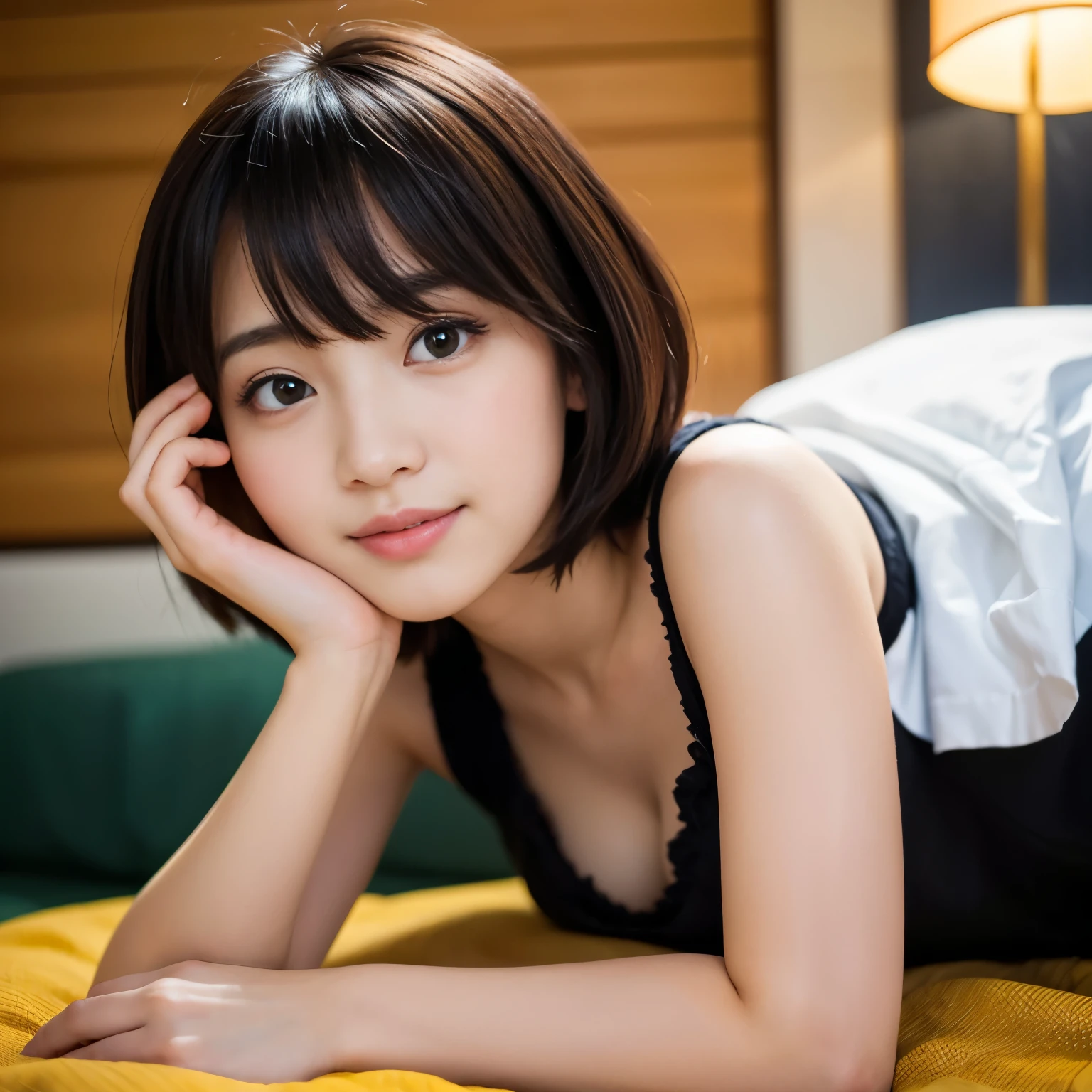 ((Best-quality, Masterpiece, Ultra-High-Resolution, (Photorealistic:1.4), Raw-Photo, Extremely-Details, Perfect-Anatomy)), 1girl, -yeld, thost popular Japanese idol, relaxing in Japanese-KOTATSU, portrait, face focus, innocent smile, extremely cute face like a most famous Japanese idol, extremely beautiful big-black-solid-circle-eyes, extremely beautiful black-short-cut-hairedhair, extremely beautiful lips, extremely beautiful long-eyelashes, extremely beautiful and extremely realistic skins, detailed Japanese-KOTATSU