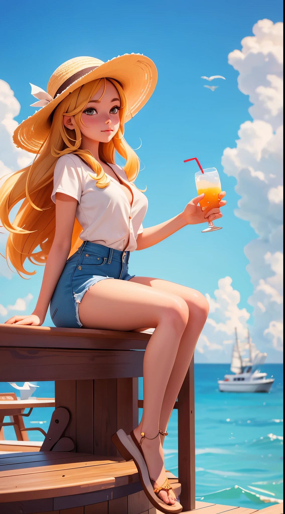 afloat，On the deck of the ship，cloudless sky，baiyun，seagulls，There is a woman sitting on the deck，annie，Perfect facial features，Long blonde hair，White tight-fitting top，denim short，Voluptious body，Ripe body，Lunette de soleil，big brimmed straw hat，Blowing the sea breeze，holding a drink，The ship sails in the sea