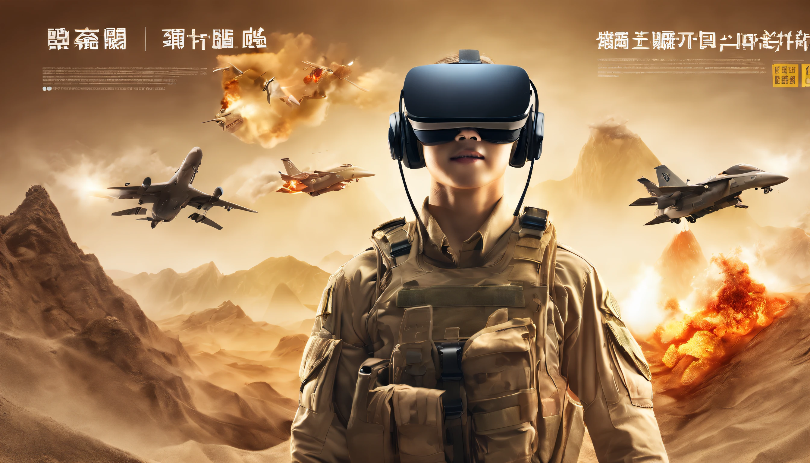 VR glasses promotional poster,VR experience army life,single upper body,people on the right,On the left is the mountain,Simulation training,Flying sand,blaze,Simulation training场所,composite poster,Depth-of-fie,high high quality,Oh really,hyper HD