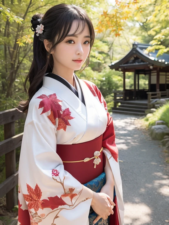 (Kimono)、ピンク色のKimono,top-quality,​masterpiece:1.3,超A high resolution,),(ultra-detailliert,Caustics),(Photorealsitic:1.4,RAW shooting,)Ultra-realistic capture,A highly detailed,high-definition16Kfor human skin、 Skin texture is natural、、The skin looks healthy with an even tone、 Use natural light and color,One Woman,japanes,,kawaii,A dark-haired,Middle hair,(depth of fields、chromatic abberation、、Wide range of lighting、With the mountain path of Oharano Shrine&#39;s bright red maple leaves in the background，Under the sparkling sun，