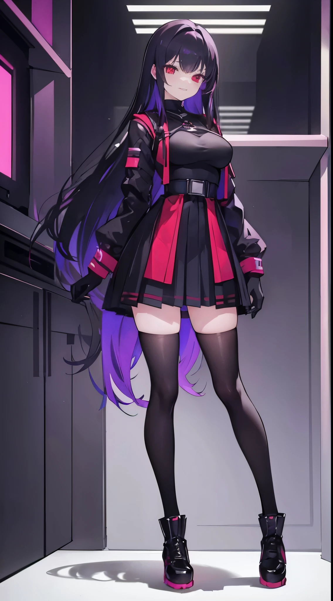 1 girl, beautiful face, seductive expression, long purple hair, flowing flowing, qi bangs, blue pupils, red face, slightly open lips, white tight hip skirt (black and green lines on both sides of the skirt), black tunic belt, black stockings (length to upper knee), white booties (wrapped around the ankles), sitting with legs up, graceful sitting position, full body, front view, detailed clothing details, dynamic angle, terminal harem, realistic, edge lighting, masterpiece 8k UHD, DSLR, high quality, high resolution, 8k, bokeh, absurd, gorgeous background, sci-fi background, futuristic background, detailed background detail, masterpiece, high quality,