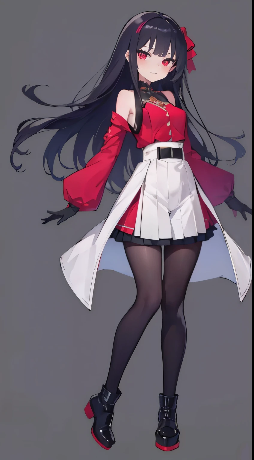 super precision,masterpiece, top-quality,(((Full body like))),One girl, Detailed eyes, (Looking at Viewer:1.2), (Beautiful face:1.2),a beauty girl,Very long hair,(purple and black gradation hair),Hanging,(red eyes),A slight smil,military outfits,Dignified attire,Black tights,Black short boots,gloves,Slender figure,(Smaller breasts),Slimming legs,Short stature,12year old,white backgrounid,