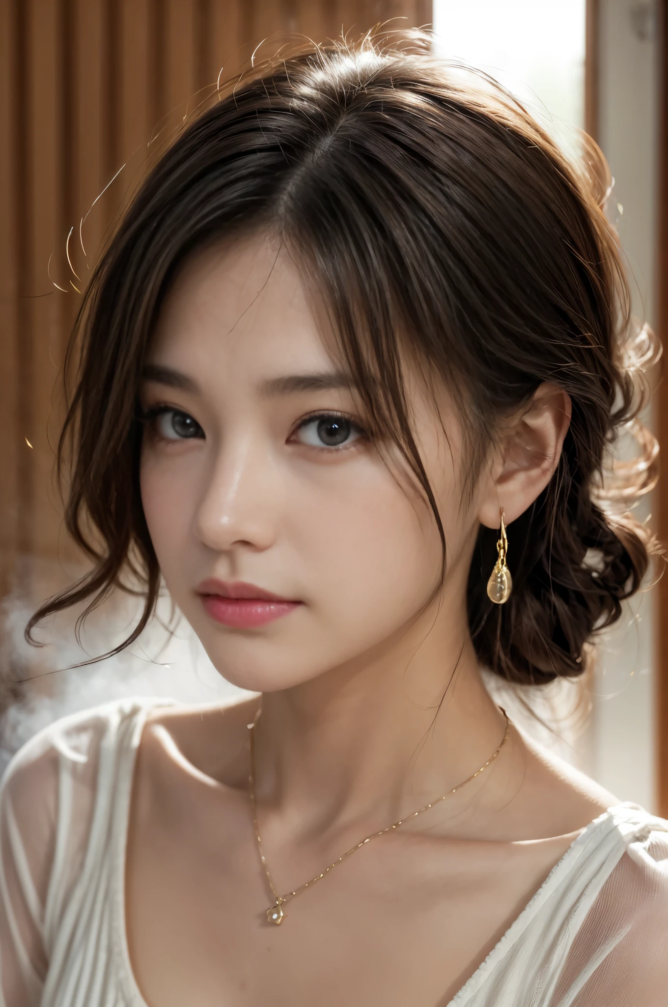 (Photoreal Stick:1.5, masutepiece:1.5, 8K), (top-quality, masterpiece, 超A high resolution), ((fog the lens:1.5)), ((reflect light onto the lens:1.5)), ((Shoot with blur:1.5)), (The woman looks hazy because of the bright light.:1.5, The whole thing looks white and hazy:1.5), (sunrises, Sunlight coming in from behind:1.5, The sunlight of the morning sun spreads across the screen:1.5), Face Sharp Focus:1.3, Professional camera work:1.3, Highly detailed skin and facial texture:1.3, Grow Light Effect, The ultra-detailliert:1.3, 1girl in, Fair skin, (Sense of clarity:1.4, a small face), Extremely beautiful face:1.5, (Sense of clarityを感じる目:0.9, looking distantly), Enraptured look:1.0, i love you completely:0.8, (Slightly open mouth:0.4, Sense of clarityを感じる口当たり:0.7), 二重まぶた, Dark brown medium hair, necklace and earrings, looking at viewert