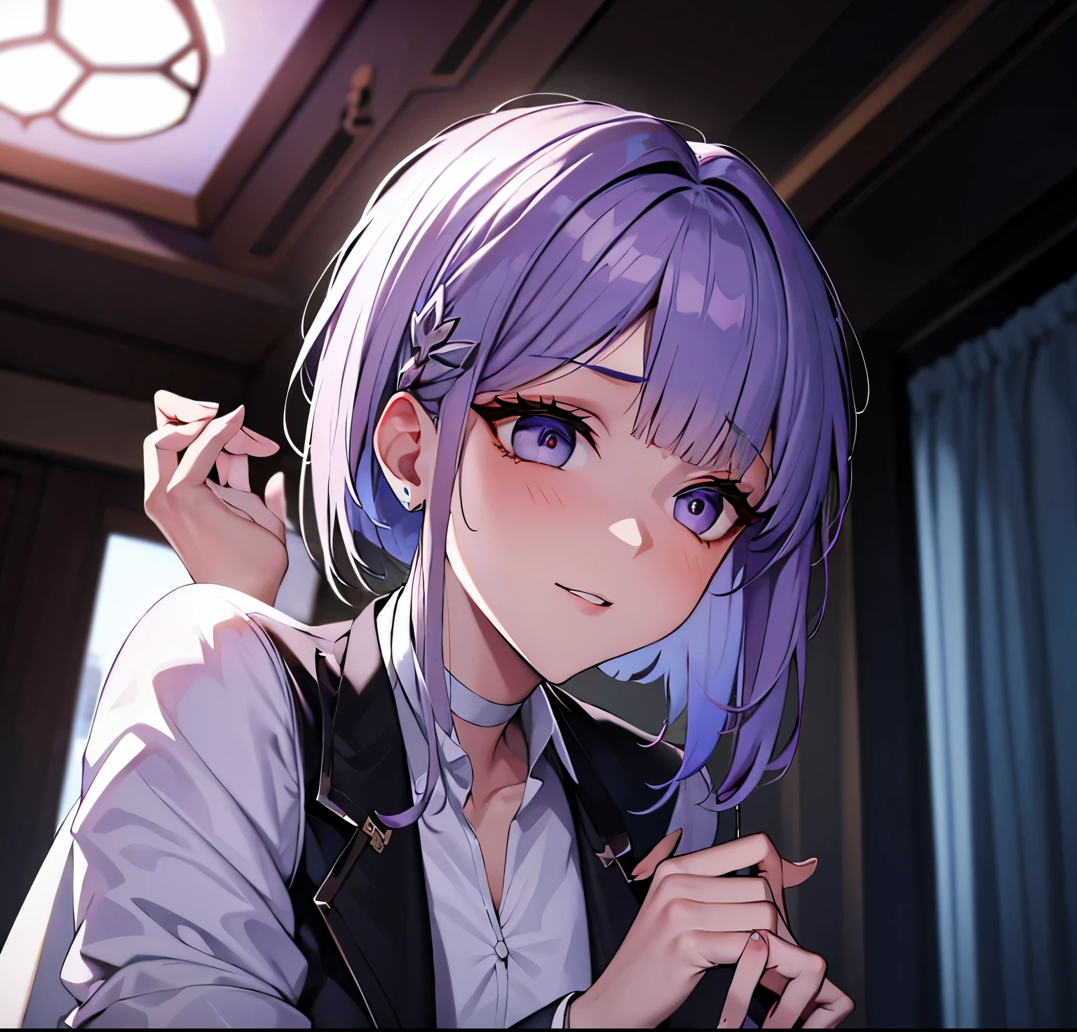 upper body and head,look up to,Focus on tall women,filigree,A perfect woman,One lady,24 year old,short-hair,dishevled hair,long bangs,Bangs parted to the left,Twist the hair next to your ear,hair pin,A dark-haired,beauitful face,Maniacal,perfect hand,Lavender eyes,Pichi white shirt,Black Blazer,Fine lighting,schools,detaileds,極めてdetaileds,8K Quality,masuter piece,