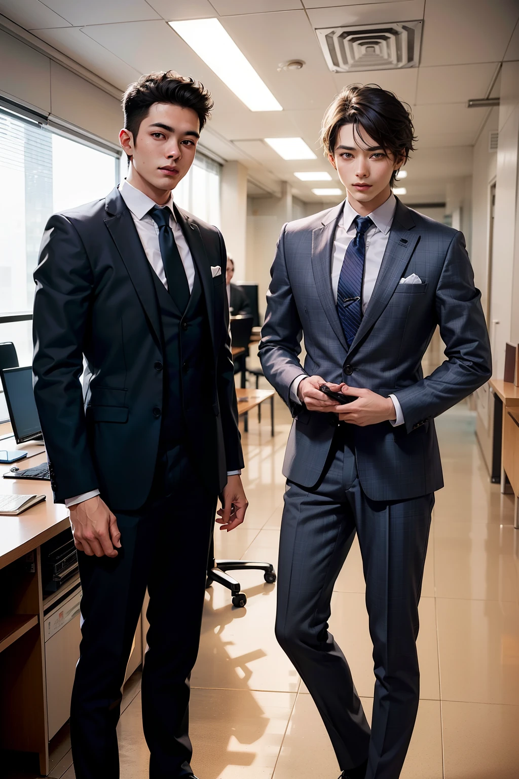 Young male designer and young male assistant,s the perfect face,dressed in a suit,in a office,Discuss the work