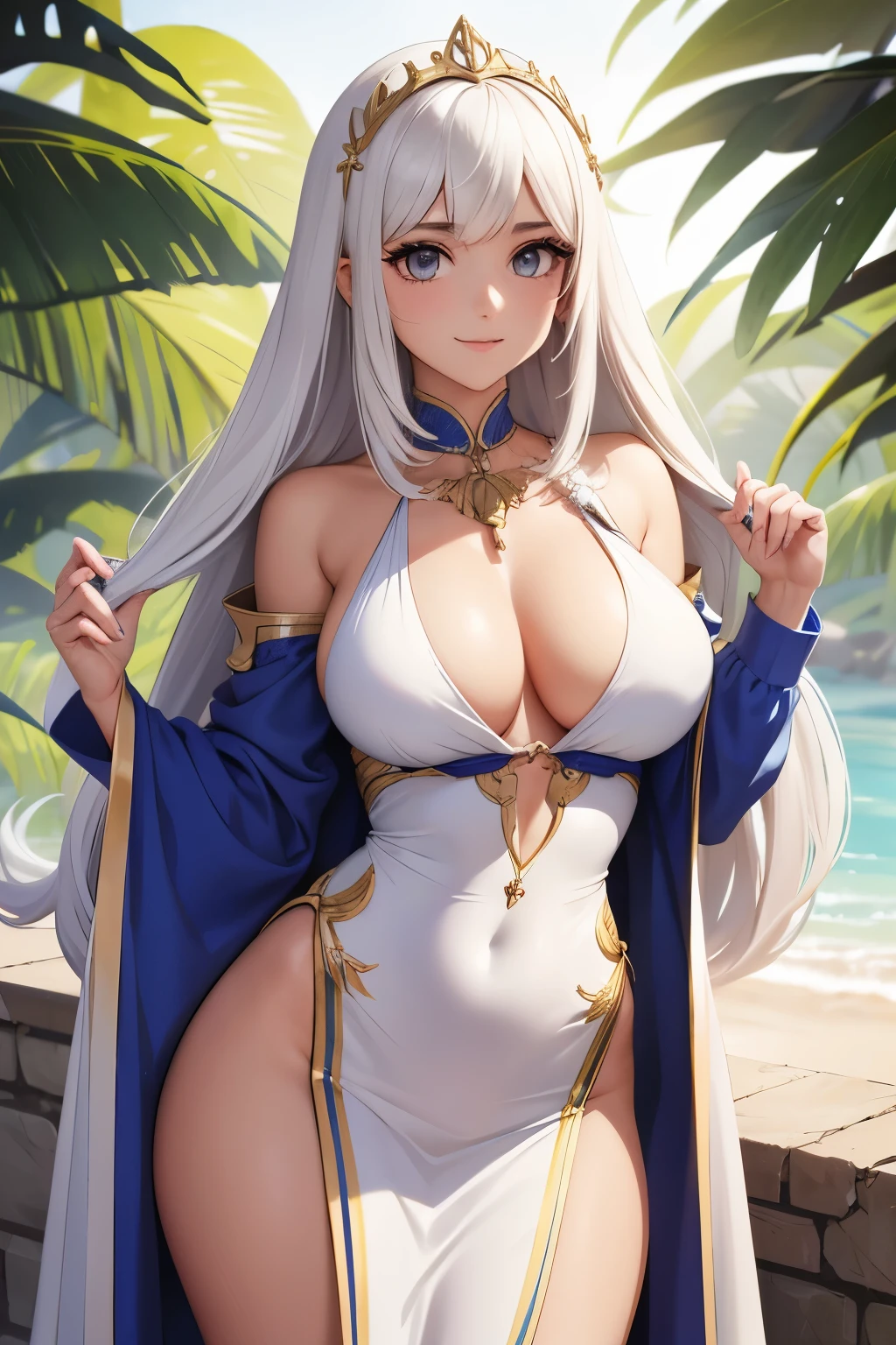 (cuerpo completo) Elfa, mujer elfa, pelo largo, pelo dorado, vestido blanco, vestido elegante, vestido revelador, vestido bikini, estilo fire emblem, grandes pechos, ojos rojos, presencia majestuosa, cola de caballo, sosteniendo una lanza en una mano, sexy, vestido con ombligo descubierto, cuerpo completo, cara feliz, ruborizada