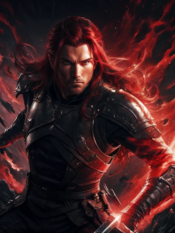 crimson-haired man, wielding a sword in each hand, accompanied by a beautiful woman with black hair. (best quality, highres, vivid colors), realistic, portraits, vibrant crimson and black color palette, dramatic lighting, detailed facial features, flowing crimson hair, fierce and confident expressions, intricate sword designs, sharp focus, dynamic poses, enchanting background scenery, intense action-packed atmosphere, fantasy setting, magical aura.