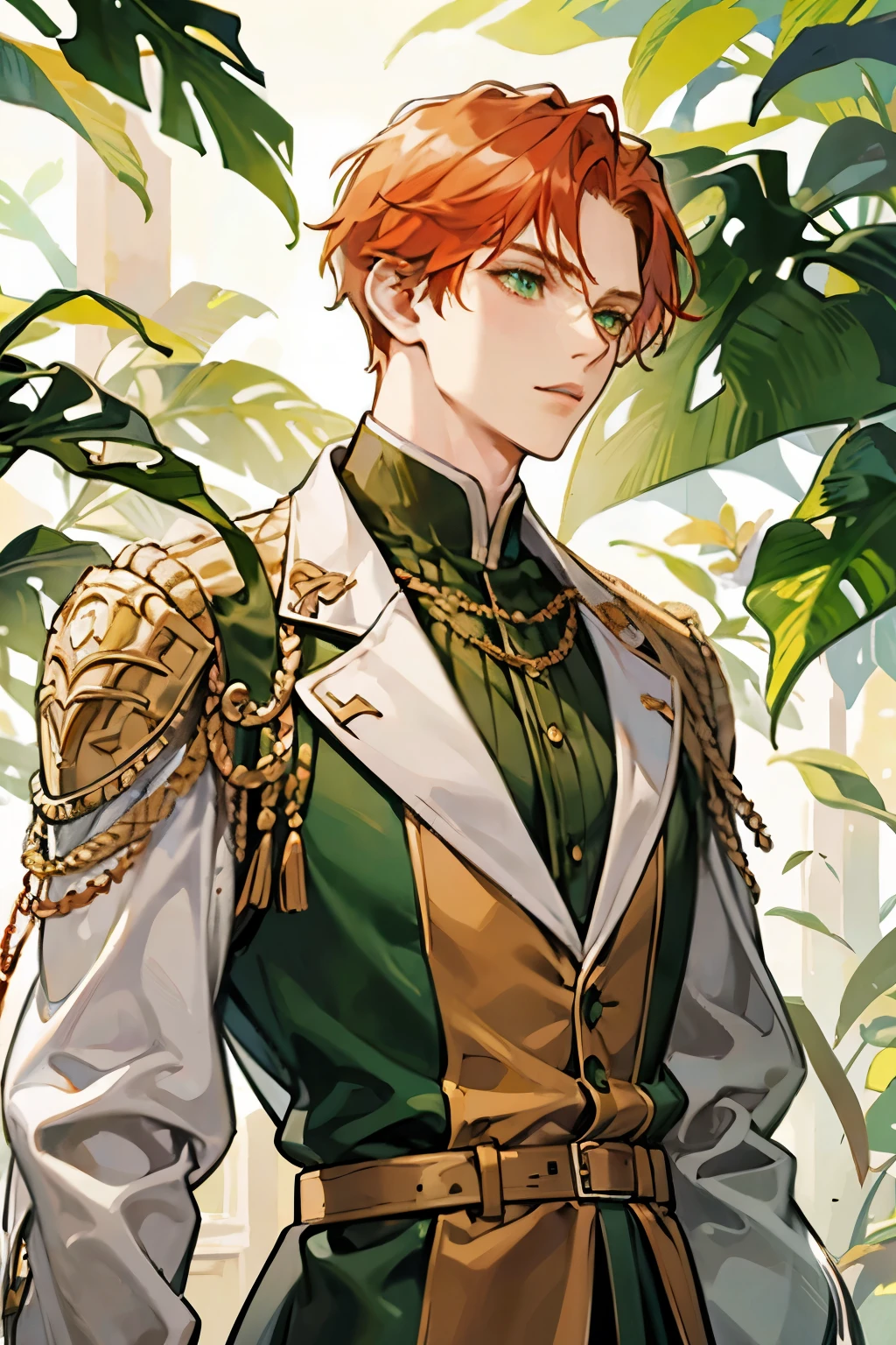 a man with ginger hair and green eyes in nobleman's clothes.