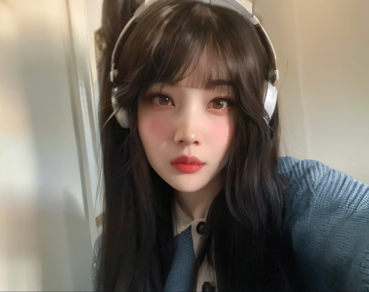 arafed woman with headphones on taking a selfie, black hair and large eyes, belle delphine, she has black hair with bangs, fluffy bangs, very high quality face, black hair and white bangs, neat hair with bangs, with long hair and piercing eyes, brown hair and bangs, pale goth beauty, straight bangs, whitebangsblackhair, white bangs, joy red velvet
