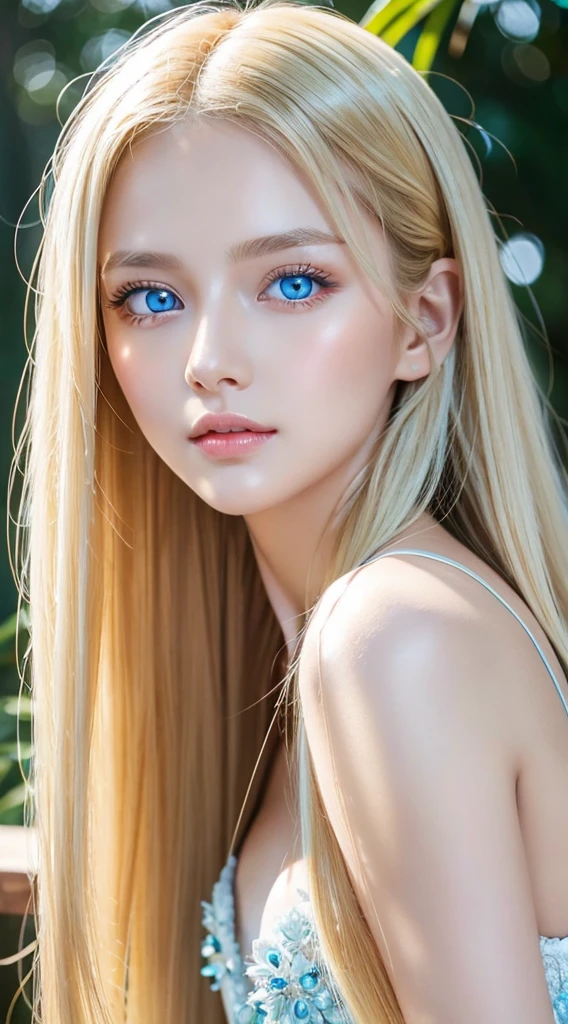 A beautiful girl with very long bright blonde hair and very beautiful bright light blue eyes.、1girl in, very disheveled hair, Very beautiful long shiny hair、Very beautiful cute face、Lustrous and radiant beautiful skin、独奏、ultra-quality、Hard Focus、film grains、超A high resolution、​masterpiece、Lovely detailed crystal clear light blue eyes that shine、very big eyes、Gloss Face、Teak Gloss、cheek highlights