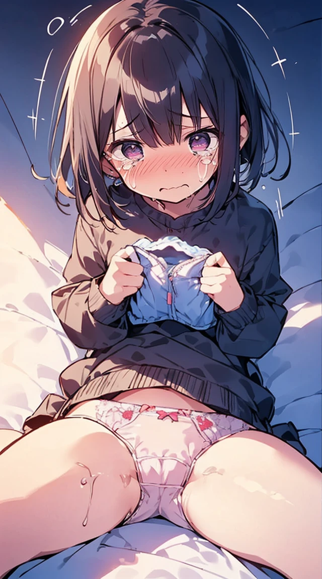 masutepiece, Best Quality,Illustration, Wallpaper, Ultra Detail, little face woman、((fear:1.3))、(Teary-eyed:1.5)、(((Cute underwear)))、She makes me lie down and spread my legs.