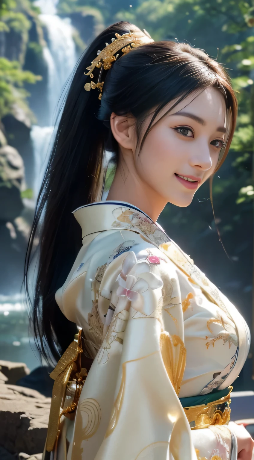 profile, watching at viewers, Goonio on a dark background(kyoto、Background in front of a big waterfall in the forest), perfect hand、Woman with shiny black hair, ((Play 3D ponytail with 3D effect、((exquisite white costume))、{Luxury kimono(Colorful kimono(Delicate gold embroidery,))}、face perfect, Drawing beautiful and elegant Japanese women。hearts in eyes。 Wallpaper 8K, .Blur the background with a sickle,((masutepiece)), ((Best Quality)), {{Photorealsitic}}, ​masterpiece, 最hightquality, hightquality, hight resolution, Raw photo、full resolution、foco nítido、RAW Portrait、Photorealsitic、Raw foto、hyperdetailed photo、(natural skin textures、Detailed skin、Hyper-Realism、ultra sharpness)、high-detail skin、(ighly detailed、Detailed skinの質感、A smile、A sexy