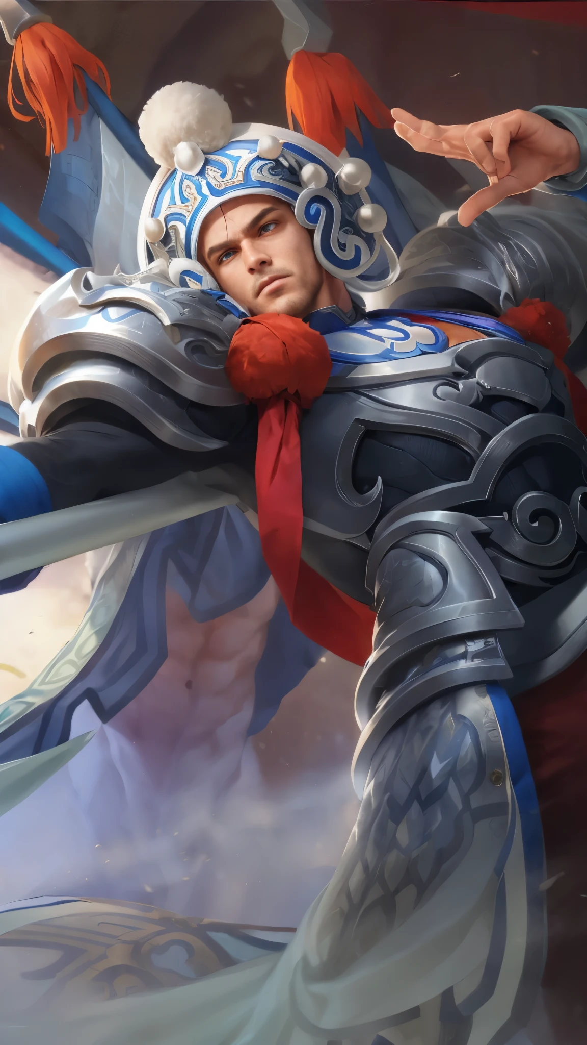 (Intricate Details, Masterpiece, Best Quality, High Resolution, 8k), (1man), (male:1.2), detailed eyes,finely detailed face, toned body, masculine appeal, commanding presence, bulging biceps and triceps, well-developed quadriceps and hamstrings, light skin, portrait, solo, half shot, detailed background, detailed face,finely detailed background, Depth of Field, VFX