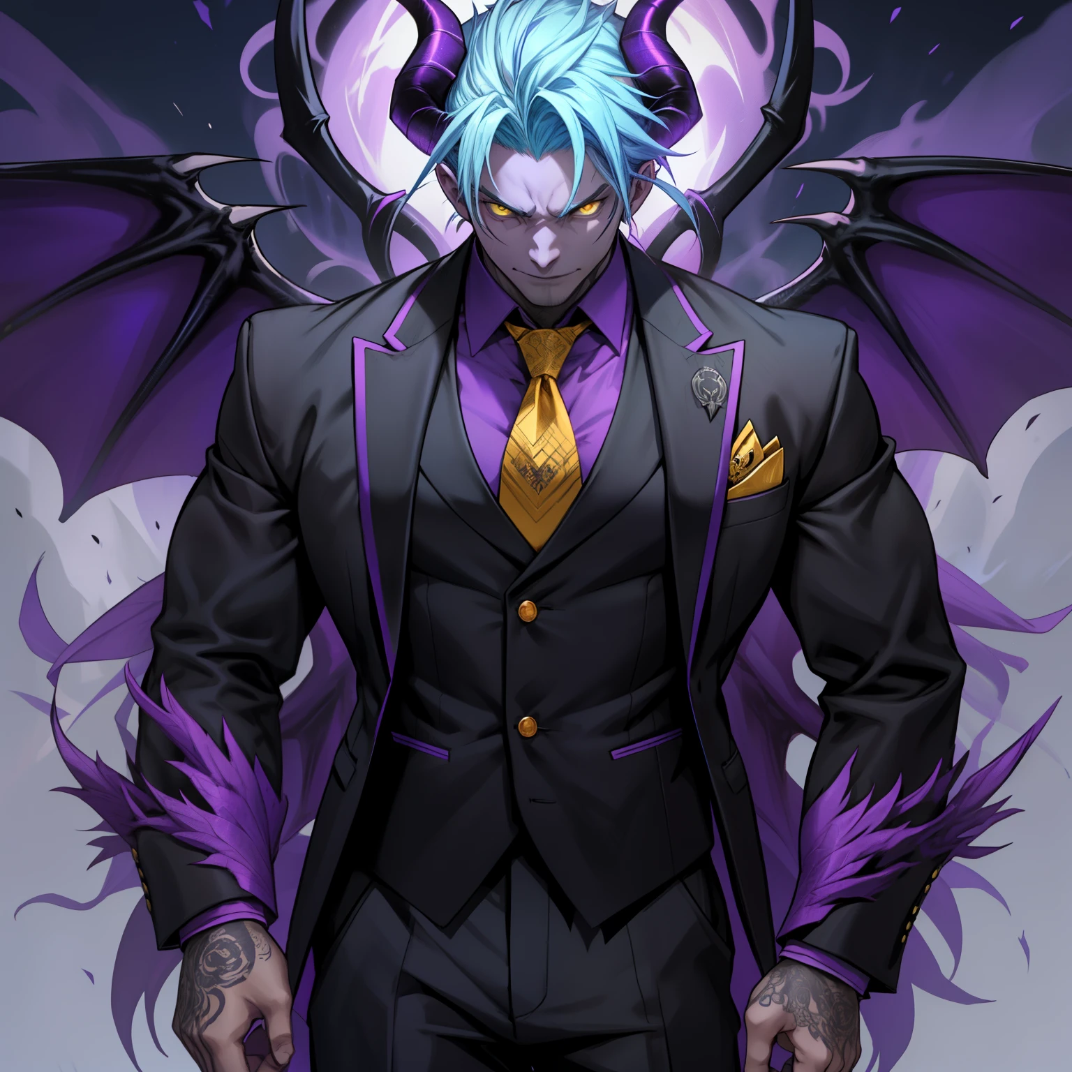 male demon with ram horns, wearing a business suit, has a smoldering aura, yellow eyes, large demon wings, showing his chest, has demonic tattoos, alone, solo, (ALONE)(SOLO), has blue hair, imposing, large horns, purple wings, purple lapel on suit