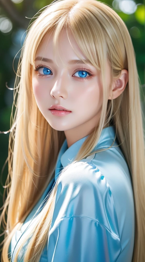 A beautiful girl with very long bright blonde hair and very beautiful bright light blue eyes.、1girl in, very messy bangs between the eyes, Very beautiful long shiny hair、Very beautiful cute face、Lustrous and radiant beautiful skin、独奏、ultra-quality、Hard Focus、film grains、超A high resolution、masterpiece、Lovely detailed crystal clear light blue eyes that shine、very big eyes、Gloss Face、Teak Gloss、cheek highlights