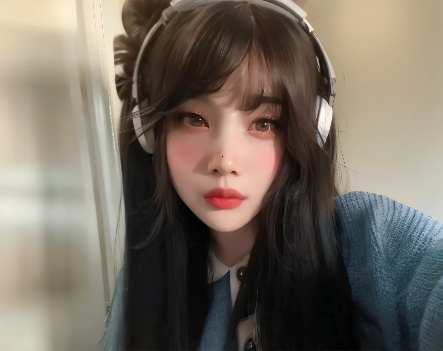 arafed woman with headphones on taking a selfie, black hair and large eyes, belle delphine, she has black hair with bangs, fluffy bangs, very high quality face, black hair and white bangs, neat hair with bangs, with long hair and piercing eyes, brown hair and bangs, pale goth beauty, straight bangs, whitebangsblackhair, white bangs, joy red velvet