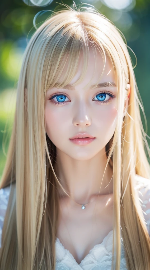 A beautiful girl with very long bright blonde hair and very beautiful bright light blue eyes.、1girl in, very messy bangs between the eyes, Very beautiful long shiny hair、Very beautiful cute face、Lustrous and radiant beautiful skin、独奏、ultra-quality、Hard Focus、film grains、超A high resolution、masterpiece、Lovely detailed crystal clear light blue eyes that shine、very big eyes、Gloss Face、Teak Gloss、cheek highlights