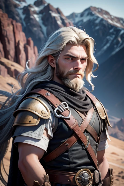 [retrato de cuerpo entero] [young 18 year old norse viking] [Color de cabello negro sin barba] [vestimenta estilo vikingo con armadura de guerrero vikingo] [Bored expression on face] [Photo taken in a mountainous and spring landscape.] [type of illumination: natural  lighting], extremadamente realista, 8k, detalles locos, Detalles intrincados, bellamente graduado de color, Color Grading, Cinematographer editorial, Cinematographer, Bokeh, Tomada con una lente de 60 mm, ISO 300, f / 4, 1/200th