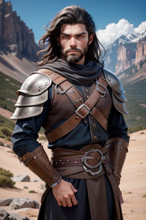 [retrato de cuerpo entero] [young 18 year old norse viking] [Color de cabello negro sin barba] [vestimenta estilo vikingo con armadura de guerrero vikingo] [Bored expression on face] [Photo taken in a mountainous and spring landscape.] [type of illumination: natural  lighting], extremadamente realista, 8k, detalles locos, Detalles intrincados, bellamente graduado de color, Color Grading, Cinematographer editorial, Cinematographer, Bokeh, Tomada con una lente de 60 mm, ISO 300, f / 4, 1/200th