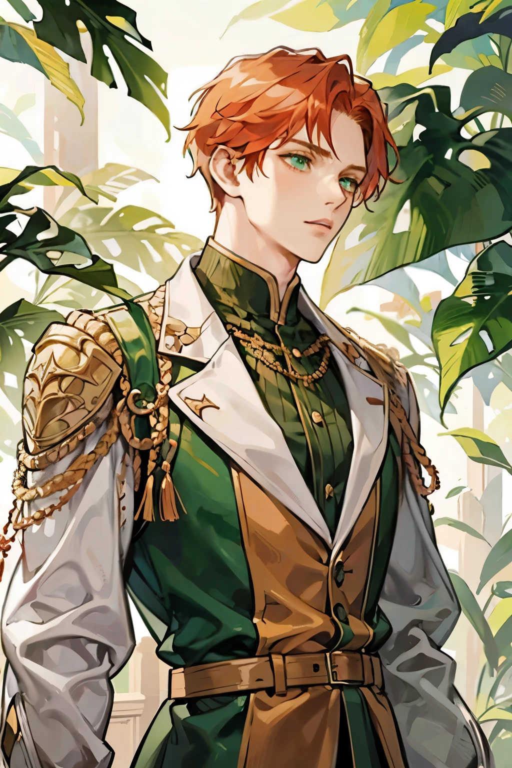a man with ginger hair and green eyes in nobleman's clothes.