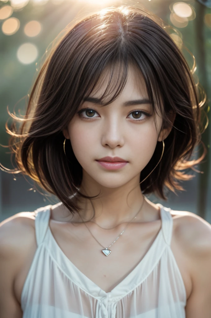 (Photoreal Stick:1.5, masutepiece:1.5, 8K), (top-quality, masterpiece, 超A high resolution), ((fog the lens:1.5)), ((reflect light onto the lens:1.5)), ((Shoot with blur:1.6)), (The woman looks hazy because of the bright light.:1.5, The whole thing looks white and hazy:1.5), (sunrises, Sunlight coming in from behind:1.5, The sunlight of the morning sun spreads across the screen:1.5), Face Sharp Focus:1.3, Professional camera work:1.3, Highly detailed skin and facial texture:1.3, Grow Light Effect, The ultra-detailliert:1.3, 1girl in, Fair skin, (Sense of clarity:1.4, a small face), Extremely beautiful face:1.5, (Sense of clarityを感じる目:0.9, looking distantly), Enraptured look:1.0, i love you completely:0.8, (Slightly open mouth:0.4, Sense of clarityを感じる口当たり:0.7), 二重まぶた, Dark brown medium hair, necklace and earrings, looking at viewert
