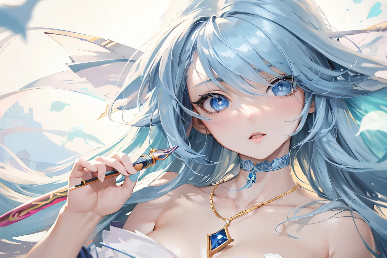Long-haired woman with blue hair and blue eyes holding magic wand, fox ear,a stunning anime face portrait, detailed digital anime art, a beautiful anime portrait, Beautiful anime girls, Beautiful fantasy anime, fantasy art style, Anime style 4k, anime in fantasy style, anime fantasy illustrations, Anime fantasy artwork, beautiful anime woman, Anime art wallpaper 4k, Anime art wallpaper 4k, digital anime art
