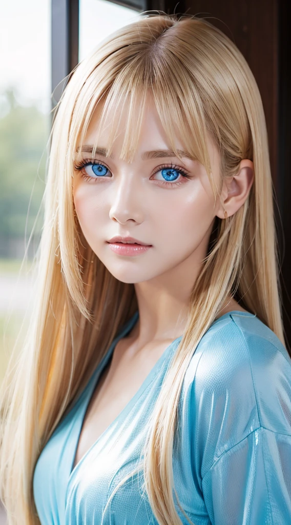 A beautiful girl with very long bright blonde hair and very beautiful bright light blue eyes.、1girl in, very messy bangs between the eyes, Very beautiful long shiny hair、Very beautiful cute face、Lustrous and radiant beautiful skin、独奏、ultra-quality、Hard Focus、film grains、超A high resolution、masterpiece、Lovely detailed crystal clear light blue eyes that shine、very big eyes、Gloss Face、Teak Gloss、cheek highlights