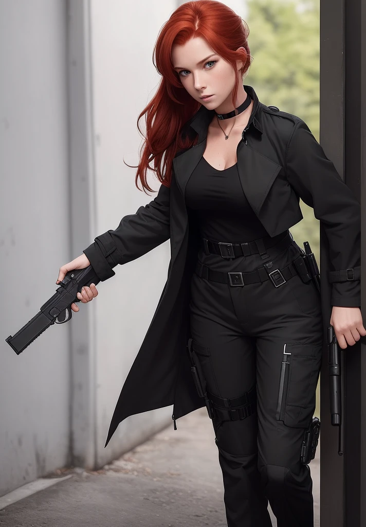redhead, ((medium hair)), ((dark red hair)), ((solo female)), ((solo)), ((small breasts)), outside, night, ((character portrait)), ((1woman)), ((bedroom)), ((front view)), sweating, ((ponytail)), ((solo female)), ((solo)), ((fully clothed)), ((1woman)), sweating, ((choker collar)), ((18 year old female)), (best quality, masterpiece:1), solo, green eyes, portrait, fingers, close up photo, ((ankle length trenchcoat)), ((black bdu pants)), ((black bdu shirt)), ((pistol in leg holster))