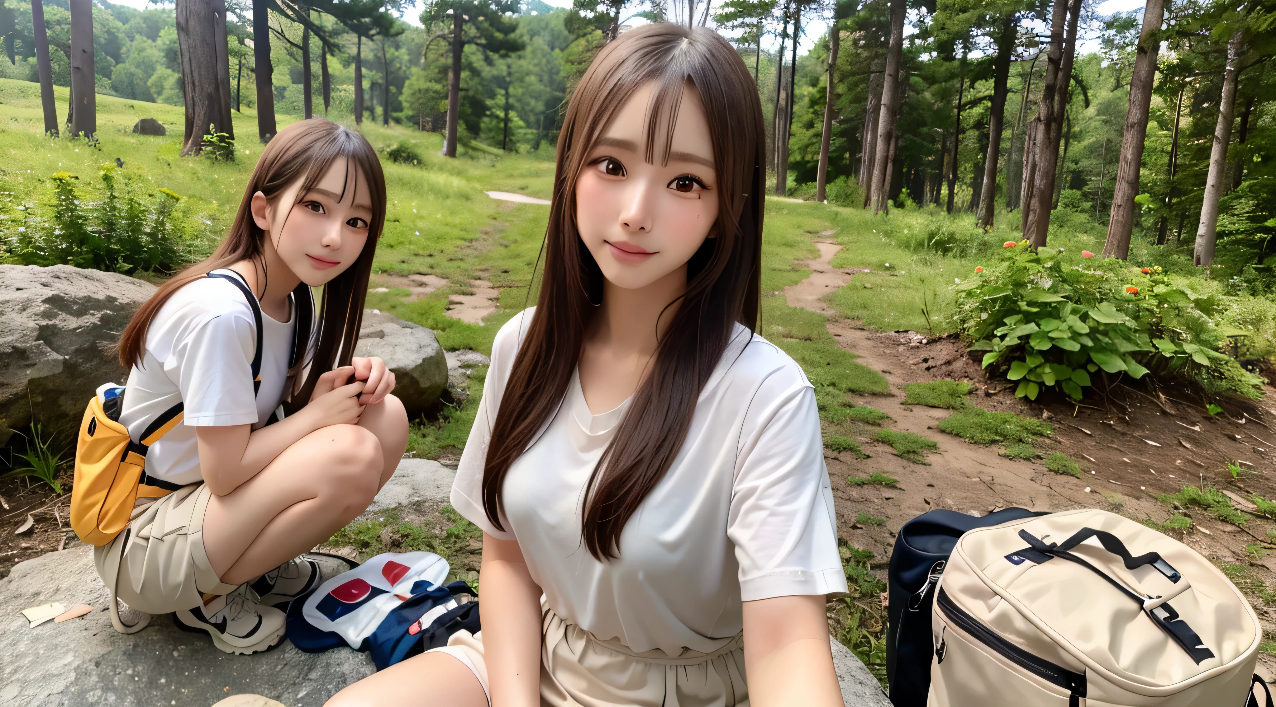 Natural Landscape Photography, (Best Quality, Hyper realistic:1.2), (highly detailed landscape), Crepuscular rays, Magnificent mountain, sea of clouds, At very high mountain peaks, A clear sky, Fantastical, Woman watching sunset, ((Upper body)), (white t-shirts, Trekking Shorts, trekking boots, rucksack), (ultra-delicate face, Super Beautiful Maid, Super delicate eyes, Ultra-detailed nose, Ultra detailed mouth, Super detailed facial features beautiful woman, 18year old, Shy smile, Realistic body, Sitting on a rock