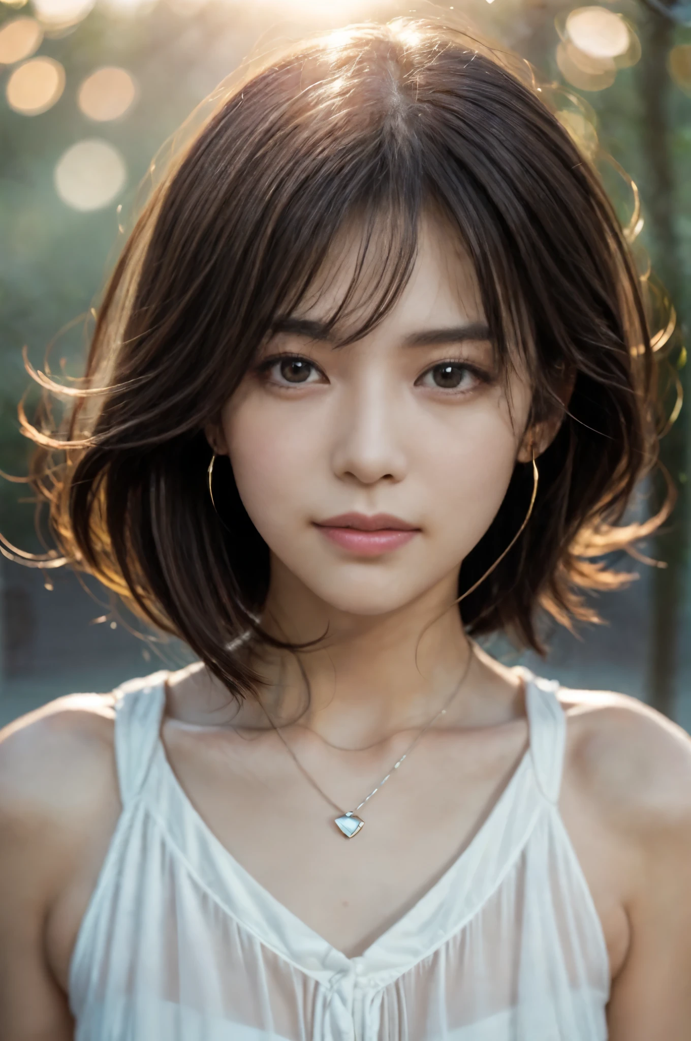 (Photoreal Stick:1.5, masutepiece:1.5, 8K), (top-quality, masterpiece, 超A high resolution), ((fog the lens:1.5)), ((reflect light onto the lens:1.5)), ((Shoot with blur:1.6)), (The woman looks hazy because of the bright light.:1.5, The whole thing looks white and hazy:1.5), (sunrises, Sunlight coming in from behind:1.5, The sunlight of the morning sun spreads across the screen:1.5), Face Sharp Focus:1.3, Professional camera work:1.3, Highly detailed skin and facial texture:1.3, Grow Light Effect, The ultra-detailliert:1.3, 1girl in, Fair skin, (Sense of clarity:1.4, a small face), Extremely beautiful face:1.5, (Sense of clarityを感じる目:0.9, looking distantly), Enraptured look:1.0, i love you completely:0.8, (Slightly open mouth:0.4, Sense of clarityを感じる口当たり:0.7), 二重まぶた, Dark brown medium hair, necklace and earrings, looking at viewert