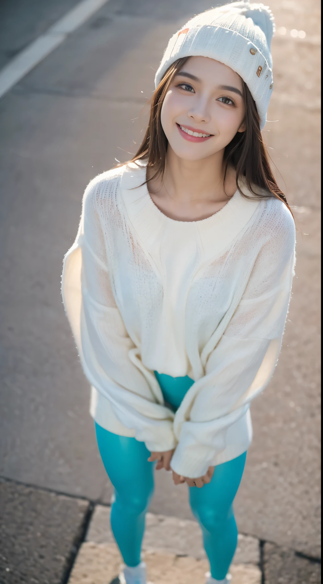 Obra maestra, La mejor calidad, ultrahigh resolution, Foto de alto detalle, Unidad 8K Fondo de pantalla, CG extremadamente detallado:1.2),(Foto RAW:1.realistic photography:1.4), 1girll , joven, physically based representation, beautiful, (Cara finamente detallada:1.4, Ropa detallada), (Detallado:1.4) Cara hermosa, Profundidad de campo, Agregar capa, hiperrealista, 27 years old, Modelo de cuerpo perfecto, senos perfectos, 175cm de altura, pose sexy, cuerpo completo, Tipo de cuerpo del modelo, white oversized sweter, blue legging, beanie, smiling, Cabello largo, Eimi Fukada, doble parpado, inematic lighting, blurry, glowing light, bokeh, (Looking at Viewer:1.2), (From above:1.5)