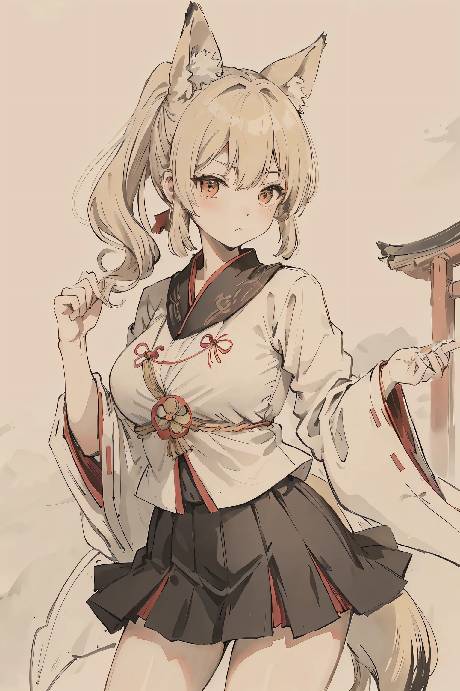 sparrow, a blonde haired girl, wearing a priestess uniforn, short hair, messy hair, black skirt, priestess clothes, slim body, she have a handycam, big breasts, she close her left eye, shirt ornament, white beret, cheerful expression, red eyes