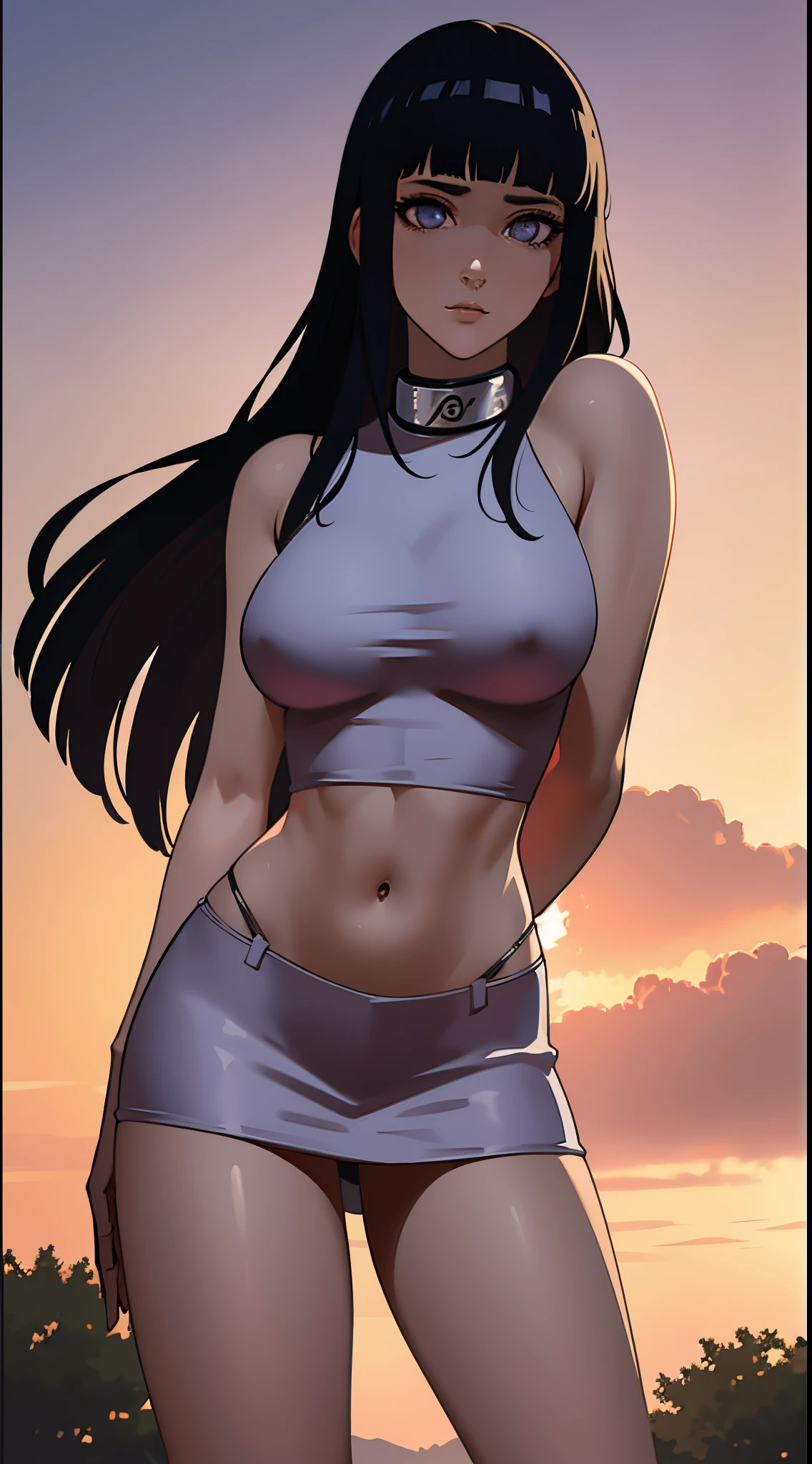 (best quality,4k,highres,masterpiece:1.2),ultra-detailed,realistic:1.37,anime:1.5,Hinata Hyuga from Naruto,stunning figure,full-length,body with straight lines(elongated),beautiful detailed face,long slender legs like a model,large breasts,dressed in a mini skirt and a short black crop top,the wind is blowing